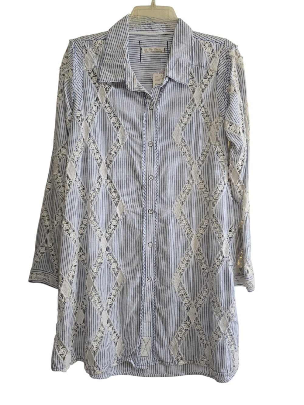 NWT Free People Maldives Stripes Top Ivory & Blue Combo XS Oversized Lace Insets - Picture 3 of 9